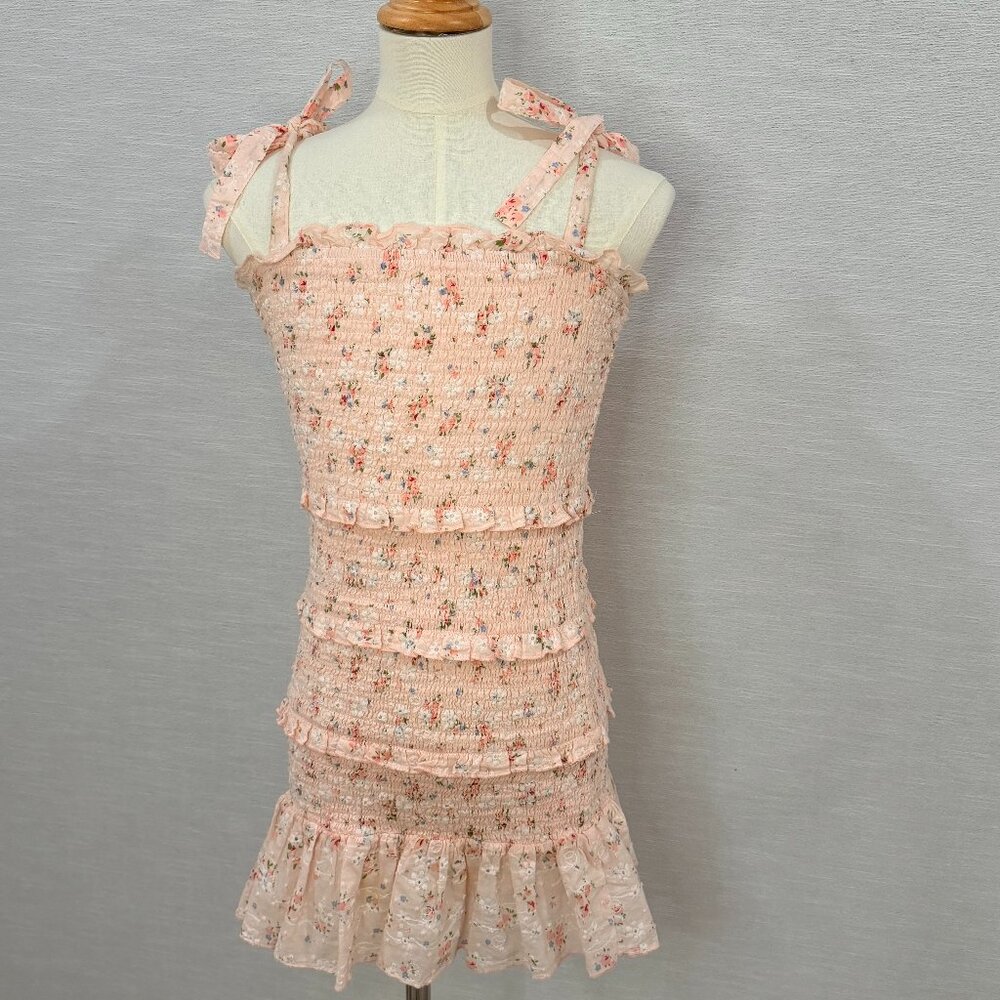 KATIES NYC Pink Smocked Floral Ruffle Mini Dress Size Large Cottagecore